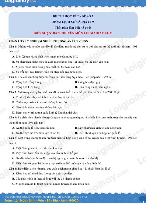 Đề thi học kì 2 Lịch sử và Địa lí 9 - Đề số 2